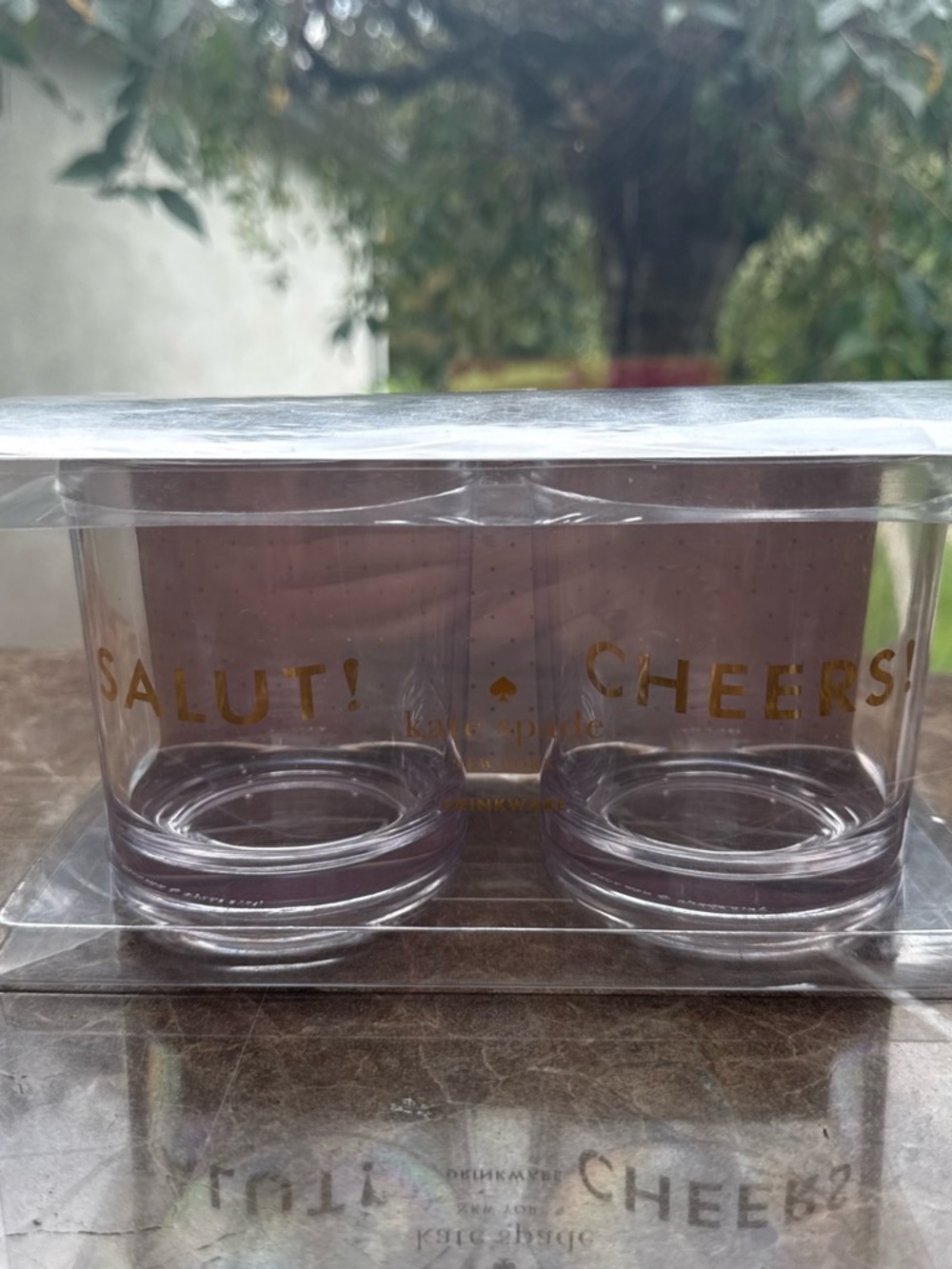 kate spade Pink Glass Tumblers with Gold Salut and Cheers Lettering